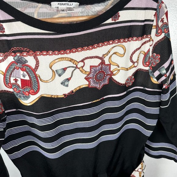 Feratelli Womens Medium Blouse Belted Art Stretch Black 3/4 Sleeves Striped - Picture 13 of 16